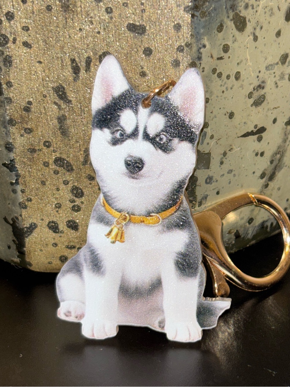 Cute Husky Dog Keychain Charm in Black, White and Gold